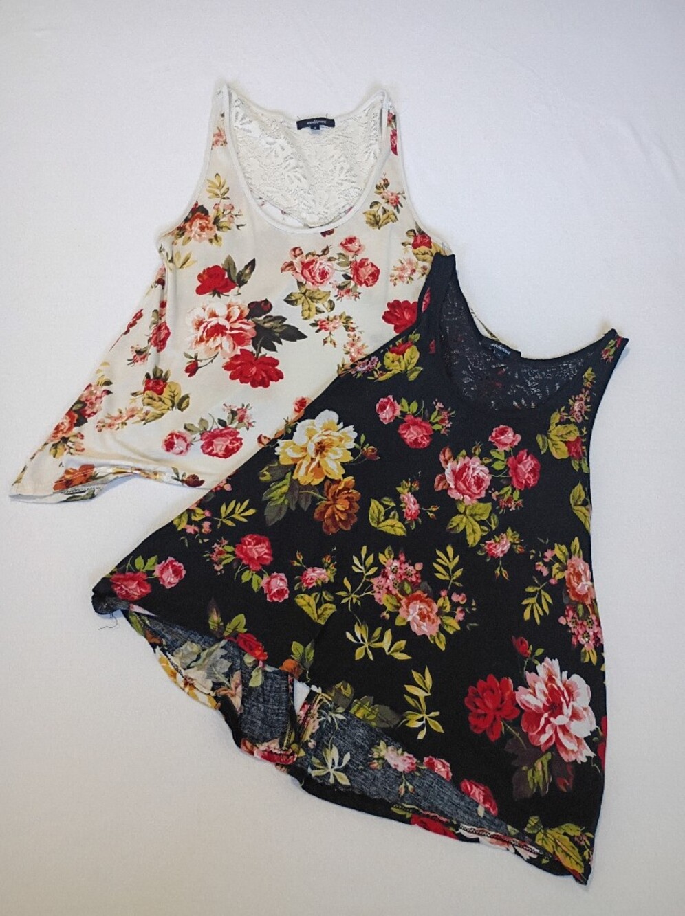 Ambiance Set Of Two Floral Open Back Tank Tops - Black (SzM)& Cream(Sz S)